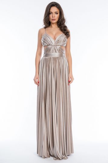 Rochie de seara, lunga eleganta pe auriu plisata cu slit Atena